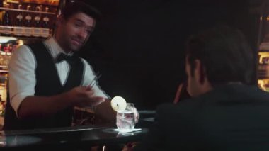 Limonlu cin kokteyli içen güzel bir kadın. Lüks gece kulübünde arkadaşlarıyla birlikte. Zeki barmen, canlı bir gece partisi atmosferinde mükemmel hizmet veriyor. Vinosity.