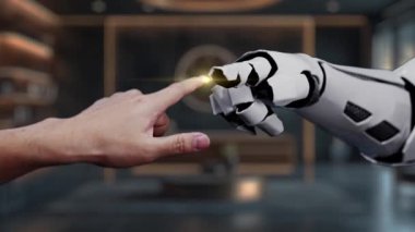 Müşteri memnuniyeti geri bildirimi toplamak için gelecekteki dijital arayüzü vurgulayan modern bir ofis sahnesi, bir robot kol ve gülen reytinglerle etkileşen bir insan eli. Auvana