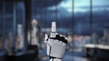 Robotik bir el, modern ofis ortamında şehrin ufuk çizgisine sahip teknolojik ilerlemeyi sembolize eden bir ilerleme çubuğunu gösteren dijital bir arayüzü işaret ediyor. Auvana