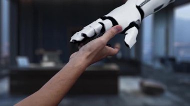 Şık bir ofis ortamında iş büyümesi ve optimizasyon kavramlarını temsil eden yüzen kalite ve maliyet sembolleriyle uzanan bir eli gösteren bir video. Auvana