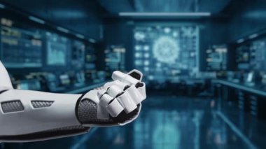 Gelişmiş, yüksek teknolojili bir ortamda yapay zeka kavramlarını gösteren robot bir el. Veri görselleştirmeleri ve ağ elemanları teknolojinin geleceğini gösteriyor. Auvana