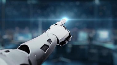 Gelecekçi bir robot el, modern bir çalışma ortamında yapay zeka ile ilgili verileri ve analizleri gösteren yüksek teknolojili bir dijital arayüzle karşılaşır. Auvana