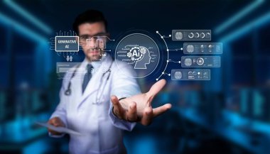 Tıbbi bir profesyonel, modern bir sağlık ortamında hasta veri analizi için gelişmiş bir dijital arayüzü gösteren üretken yapay zeka teknolojisiyle etkileşim halindedir. PHMT