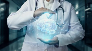 Beyin anatomisi hologramı tutan zeki doktorların laboratuvarda bulanık geçmişleri var. Profesyonel tıp çalışanı beyin ameliyatına hazırlanıyor. Teknoloji yeniliği. İyileştirici.