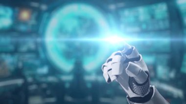 Fütürist bir robot el yapay zeka arayüzü ile etkileşime girer ve ileri teknolojiyi yüksek teknoloji kontrol odası ortamında sergiler. Auvana