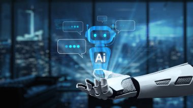 Bir robot el, yüksek teknoloji dünyasındaki yenilik ve iletişimi temsil eden konuşma baloncuklarıyla çevrili parıldayan bir yapay zeka chatbot sembolünü tutmaya çalışıyor. Auvana