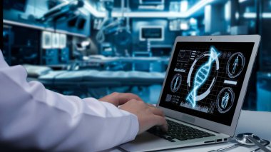 DNA analizi yapan bir dizüstü bilgisayarı olan yetenekli bir tıp çalışanını kapat. Profesyonel doktor genetik kalıpları kontrol edip inceliyor ve genetik bozuklukları tedavi etmeye hazırlanıyor. Teknoloji. İyileştirici.