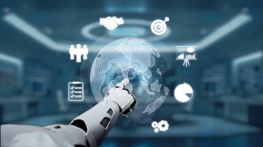 Bir robot el, teknoloji ve yeniliğin kesişimlerini gösteren küresel haritalar, haritalar ve iş simgelerini gösteren yüksek teknolojili dijital ekrana bağlanır. Auvana