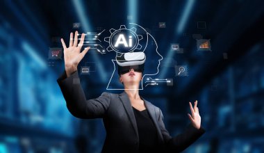 Sanal gerçeklik kulaklığı kullanan bir kadının, teknoloji ve yeniliğin potansiyelini keşfetmek için soyut yapay zeka çizimleriyle etkileşimini gösteren dinamik bir sahne. XDMCP