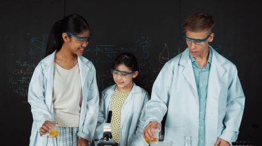 Zeki kız deney yapmak için heyecanlanan çeşitli öğrenciler iken beher kabına renkli solüsyon döker. Profesyonel bilim adamı kimyasal teoriyle kara tahtada deney yapmaya hazırlanıyor. Öğretim.