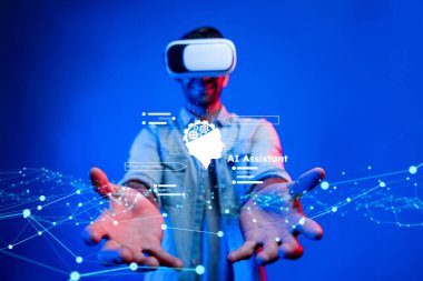 Yapay zeka sanal asistanı Chatbot ile yapay zeka konsepti ile insan etkileşimi, yapay zeka mühendisliği, LLM yapay zeka derin öğrenimi iş desteği için üretken yapay zeka kullanımı. FaaS