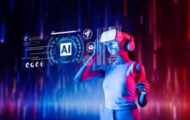 Bir kadın sanal gerçeklik kulaklığı kullanarak büyüleyici bir dijital manzara keşfediyor, gelecekteki bir çevrede gelişmiş yapay zeka gösterileriyle meşgul oluyor. XDMCP