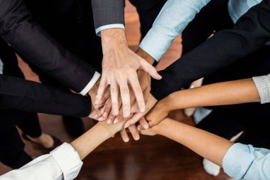 Çok ırklı iş adamları toplantı odasında iş birliği ya da şirket çalışanları için takım oluşturma amacıyla bir araya toplanıyorlar. Çok titiz.