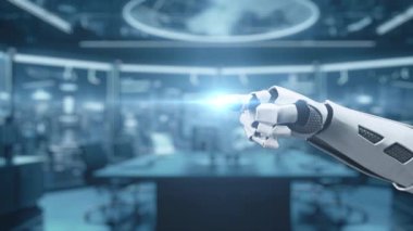 Bir robot el insan profilleri ve teknoloji simgeleriyle dijital bir arayüze ulaşarak yenilik ve insan-makine etkileşiminin modern araştırmalardaki karışımını sembolize ediyor. Auvana