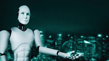 AI robot huminoid uses cloud computing technology to store data on online server . Futuristic concept of cloud information storage analyzed by machine learning process . 3D rendering .