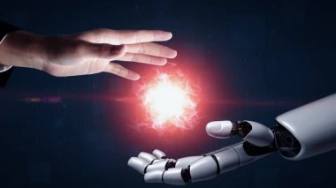 Gelecekçi robot yapay zeka yapay zeka yapay zekayı aydınlatıyor ve makine öğrenme kavramını geliştiriyor. İnsan hayatının geleceği için küresel robotik blok zincir bilimi araştırması. 3B görüntüleme grafiği