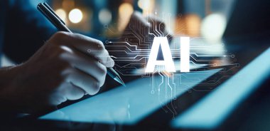 Yapay zekanın modern teknoloji ve öğrenme sistemlerine entegrasyonunu gösteren yapay zeka grafikleri olan dijital bir tablete yakın çekim. XDMCP