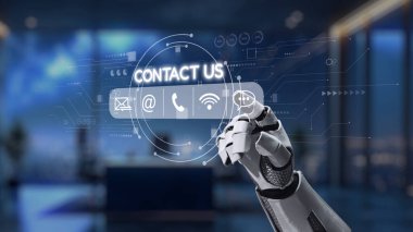 Bir robot el dijital temas arayüzüne ulaşır, çağdaş ofis ortamındaki iletişim seçeneklerini sembolize eder, teknolojiyi müşteri etkileşimiyle harmanlar. Auvana