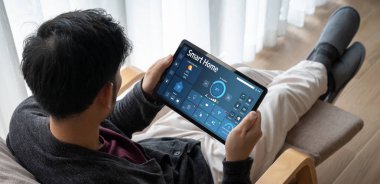 Smart home technology, centric remote control system with digital dashboard for air conditioning, safety security network or house automation. App software, ui panel programming IOT monitor snugly