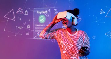 Bir kişi sanal gerçeklik teknolojisiyle etkileşime geçerek çevrimiçi ödemeler gerçekleştirir ve dijital cüzdanların modern bankacılık ve alışveriş deneyimlerine entegrasyonunu gösterir. XDMCP