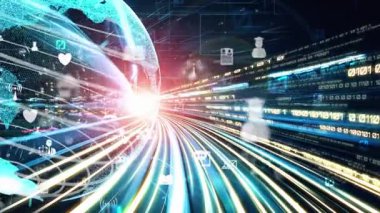 Fütürist küresel sosyal medya, insanlar iletişim ağı ve dijital veri paylaşımı kuruyor. Yeni bilgi çağındaki küresel eğilimleri değiştiren akıllı dijital dönüşüm ve teknoloji bozulması kavramı .