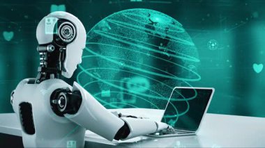 Internet connection controlled by AI robot huminoid and machine learning process to analyze data connectivity and cyber security . 3D rendering .