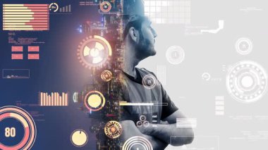 Gelecekteki bina inşaatı ve HUD hologram grafik tasarımı ile yaratıcı mühendislik projesi konsepti. İnşaat mühendisi, mimar ya da inşaat işçisi modern sivil teknoloji ile çalışıyor..