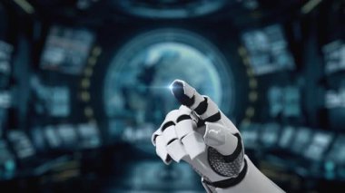 Bir robotik el, yenilikleri yansıtan, gelecekteki yüksek teknolojili bir ortamda suni zeka kavramları sergileyen dijital bir arayüzle etkileşime geçmek için uzanır. Auvana