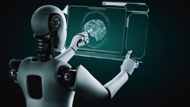 Yapay zeka robotu sanal sanal sanal sanal sanal ekrana dokunuyor ve yapay zeka kavramını makine öğrenme süreciyle gösteriyor. 3B görüntüleme.
