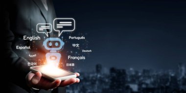 Dil çevirisindeki yapay zekanın modern bir temsili, sohbet robotu ve akıllı telefondaki çeşitli dilleri gösteren çoklu konuşma baloncukları içeriyor. XDMCP