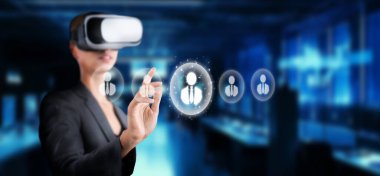 Bir iş kadını, sosyal medya ve iş sektörlerindeki küresel bağlantılar için gelecekçi ağ ve iletişim olanaklarını vurgulayarak sanal gerçeklik teknolojisiyle etkileşim içindedir. XDMCP