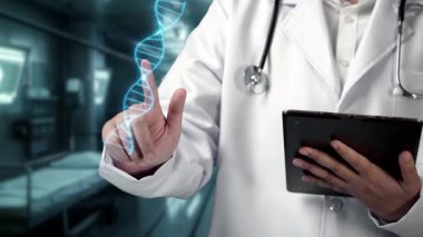 Doktorun tableti tutmasına ve yüzen tıbbi çapraz holograma işaret etmesine yakın durun. Pratisyen hekimin teknolojik yenilikleri kullanarak tıbbi veri hologramına erişimi var. İyileştirici.