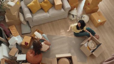 Oturma odasındaki mobilyaların taşınmasına yardım ederken yerde oturan mutlu oda arkadaşı. Yeni eve taşınmak için birlikte çalışan Asyalı lezbiyen aşığının havadan görünüşü. Yer değiştirme konsepti. Myrmidon.