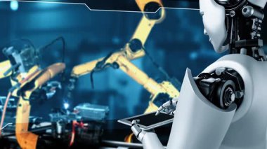 Cybernated industry robot and robotic arms for assembly in factory production . Concept of artificial intelligence for industrial revolution and automation manufacturing process .