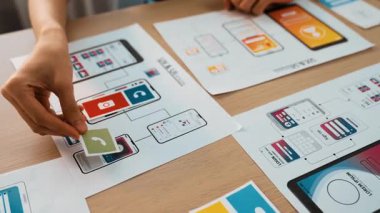 Mobil uygulama ya da web sitesi için kullanıcı arayüzü prototipi planlayan şirket çalışanlarının panorama videosu. UX UI tasarım beyin fırtınası kullanıcı dostu arayüz planı tasarlıyor. Sinerjik