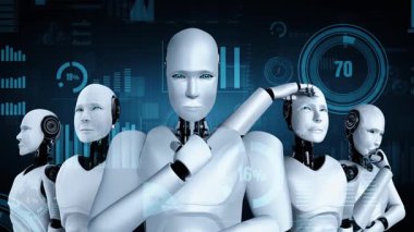 Future financial technology controll by AI robot huminoid uses machine learning and artificial intelligence to analyze business data and give advice on investment and trading decision . 3D rendering .