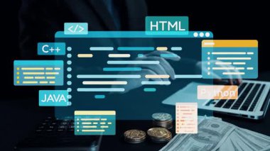 Dil, teknoloji ve finans yoluyla küresel iletişimi gösteren kavramsal bir görüntü, dijital çağda modern ticaretin birbirine bağlılığını vurguluyor. Dörtgen