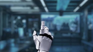 Robot bir el dijital bir arayüze uzanıyor, modern çalışma alanındaki insan figürlerini seçiyor, teknolojik gelişmeleri ve etkileşimin geleceğini gösteriyor. Auvana