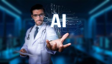 Bir tıp uzmanı, tıptaki yenilik ve dijital ilerlemeyi teşvik ederek, sağlık ve yapay zekanın fütüristik bir ortamda kesişimini göstermektedir. PHMT