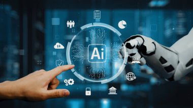 Robot bir kol ve insan elinin ileri teknoloji entegrasyonunu işaret eden yapay zeka sembolüne uzandığı insan-robot etkileşiminin ilgi çekici görsel bir temsili. Auvana