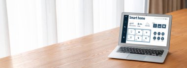 Smart home technology, centric remote control system with digital dashboard for air conditioning, safety security network or house automation. App software, ui panel programming IOT monitor snugly