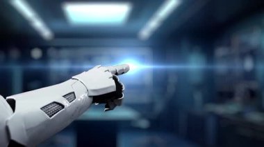 Fütürist bir robot el, modern teknoloji odaklı bir ortamda dijital etkileşim ve iletişimi sembolize ederek, parlayan mavi kullanıcı simgelerine işaret eder. Auvana