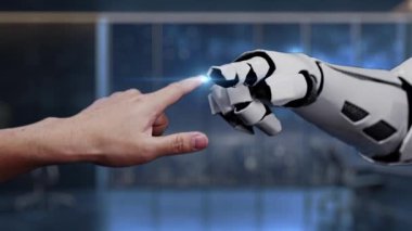 Bu video modern ofis ortamında teknoloji ve yeniliğin kaynaşmasını sembolize eden bir robot kol ve insan eli arasındaki etkileşimi gösteriyor. Auvana