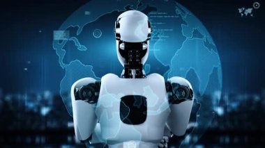 Future financial technology controll by AI robot huminoid uses machine learning and artificial intelligence to analyze business data and give advice on investment and trading decision . 3D rendering .