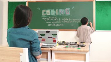 Kız, yazılım geliştirme planı yazarken yapay zeka yazılımı ya da programlama sistemini kullanarak kök sınıftaki elektronik ana tahtada yapay zeka üretiyor. Pedagoji.