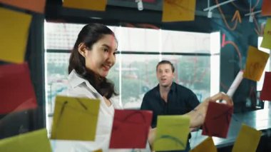 Genç kendine güvenen iş kadını projeyi uzman yatırımcıya sundu. Profesyonel proje yöneticisi başlangıç projesini açıklamak için yapışkan notlar kullanır, beyin fırtınası fikirlerini yatırımcıya paylaşır. Yönlendirici.