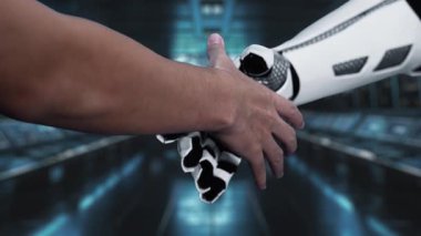 Modern ofis ortamında takım çalışmasını sembolize eden dijital simgelerin yer aldığı insan ve robot işbirliğinin görsel bir temsili. Yenilikçi bir kavram. Auvana