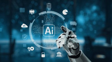 Bir robot el, çağdaş bir çalışma alanında teknoloji ve insan etkileşimini sembolize eden gelişmiş bir yapay zeka arayüzü ile etkileşim halindedir. Auvana