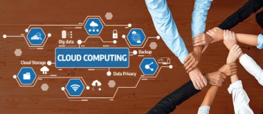 Modern bir çalışma ortamında veri gizliliği, depolama ve yedeklemenin anahtar temaları vurgulanarak, bulut hesaplamasında dinamik bir sahne gösterimi. Dostluk