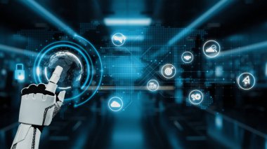 Bir robotik el gelişmiş bir dijital arayüzle etkileşime girer ve küreselleşmiş, modern bir ortamda teknolojinin ve otomasyonun kesişimini vurgular. Auvana